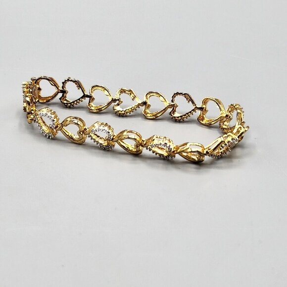 Gold Plated Sterling Silver Heart Link Chain Bracelet 925 Clear Stones 7" Long - Picture 4 of 9